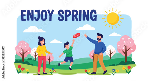 Modern vector illustration of family playing frisbee together in sunny spring park. Active outdoor lifestyle and parenting bonding concept with happy children and parents enjoying holiday time