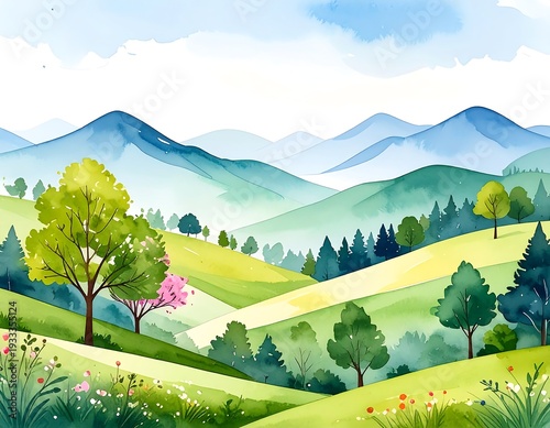 Watercolor depiction of rolling green hills and blue mountain ranges