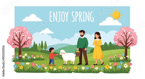 Modern vector illustration of family visiting countryside farm during spring holiday and feeding animals. Educational travel and outdoor bonding concept for parents and children lifestyle scene