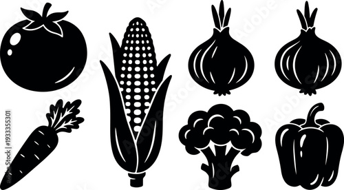 Flat design vegetable icon set close up tomato corn onion carrot broccoli and bell pepper isolated bold silhouette black outline