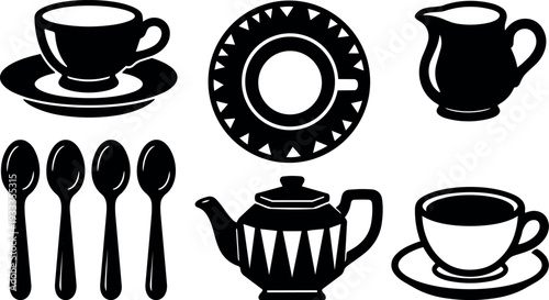 Flat silhouette vector tea set with teapot cups saucers spoons creamer arranged on white background minimalist kitchen dining icon