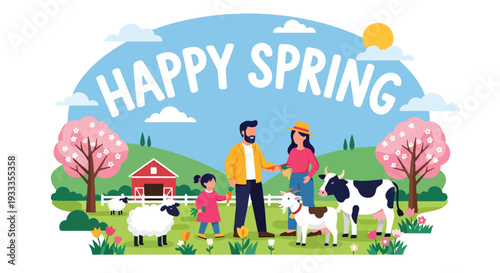 Modern vector illustration of family visiting countryside farm during spring holiday and feeding animals. Educational travel and outdoor bonding concept for parents and children lifestyle scene