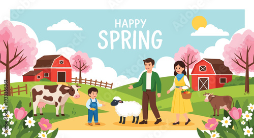 Modern vector illustration of family visiting countryside farm during spring holiday and feeding animals. Educational travel and outdoor bonding concept for parents and children lifestyle scene