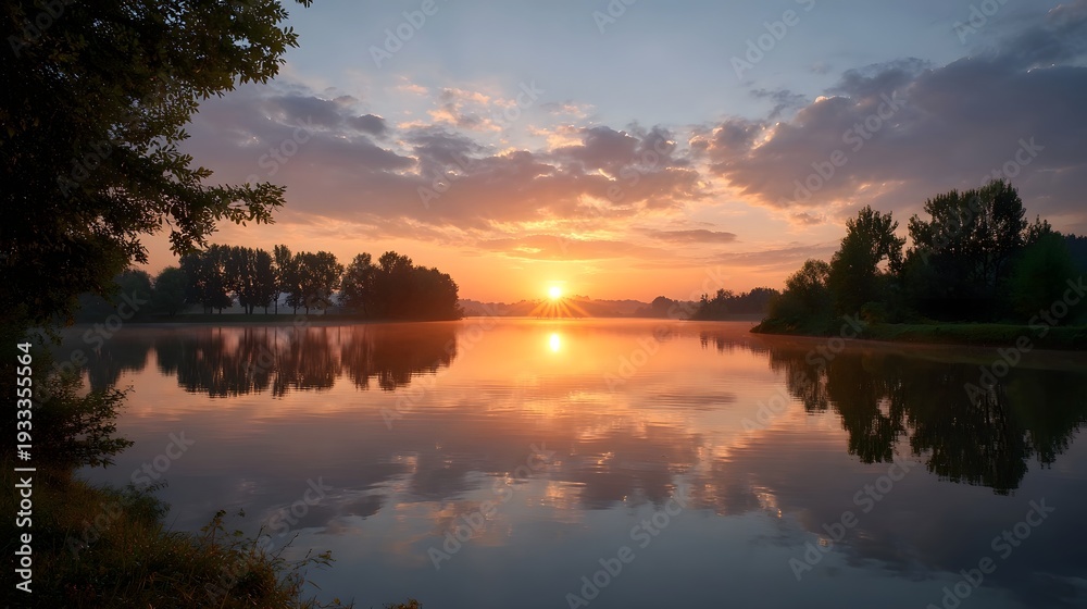 Obraz premium A vibrant sunrise casts a warm glow over a tranquil lake with its light reflecting on the calm water and illuminating colorful clouds in the sky
