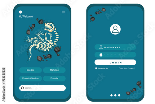 Modern mobile website interface featuring dinosaur fossil themed design. Responsive UI layout with clean mobile landing page concept suitable for science apps, education platforms, museum websites.