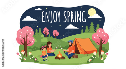 Modern vector illustration of family camping in forest during spring holiday with tent and campfire. Outdoor adventure lifestyle concept with parents and kids enjoying nature vacation together