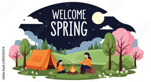 Modern vector illustration of family camping in forest during spring holiday with tent and campfire. Outdoor adventure lifestyle concept with parents and kids enjoying nature vacation together