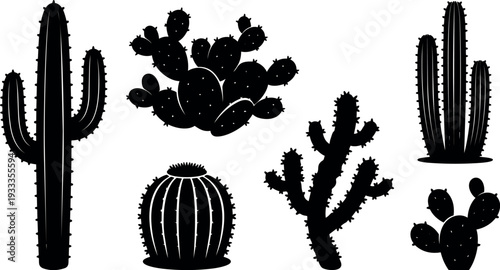 Flat design silhouette collection of desert cactus varieties close up saguaro prickly pear barrel cholla agave style vector illustration black