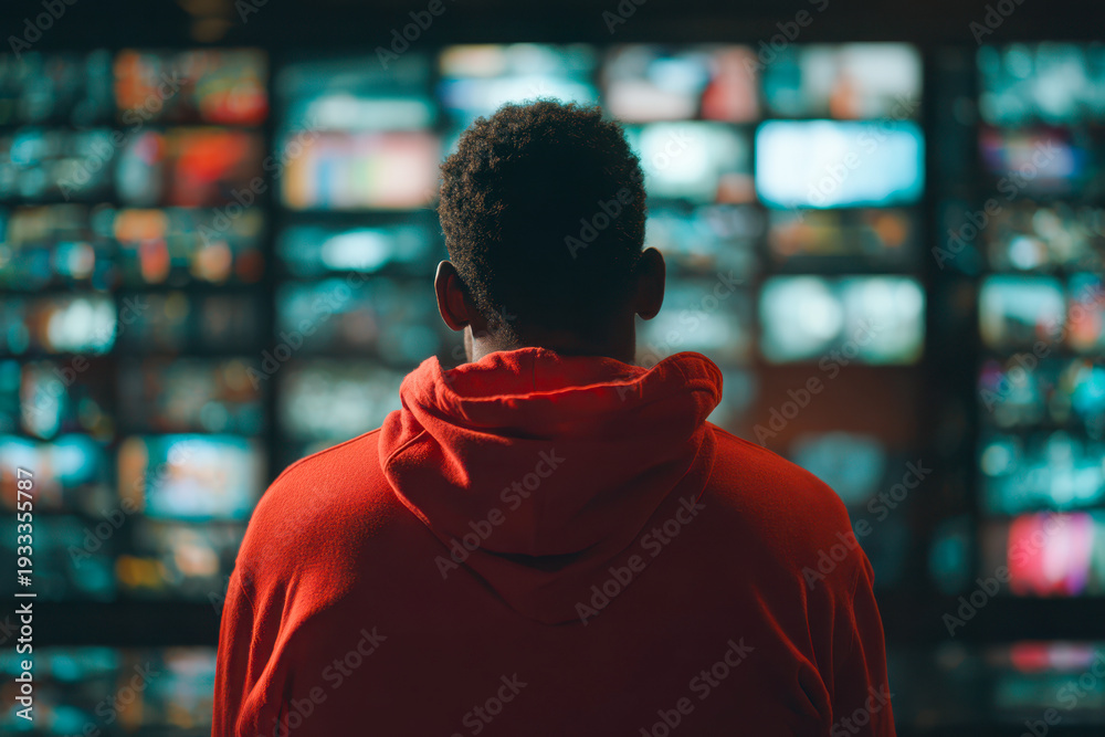 Fototapeta premium Man in red hoodie watching multiple screens with vibrant blurred images in a dark room, representing technology and digital entertainment concepts