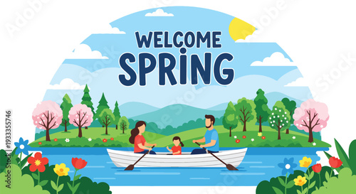 Modern vector illustration of family enjoying boat ride on calm lake during spring holiday. Peaceful outdoor travel and leisure lifestyle concept with parents and children exploring nature together
