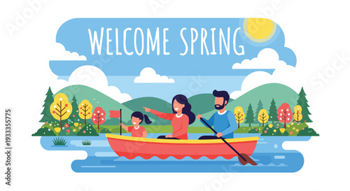 Modern vector illustration of family enjoying boat ride on calm lake during spring holiday. Peaceful outdoor travel and leisure lifestyle concept with parents and children exploring nature together