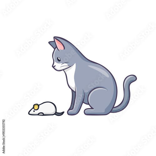 A curious cat observing a small mouse, a scene of watchful anticipation 