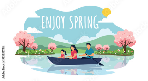Modern vector illustration of family enjoying boat ride on calm lake during spring holiday. Peaceful outdoor travel and leisure lifestyle concept with parents and children exploring nature together