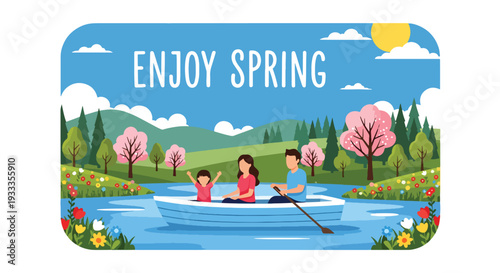 Modern vector illustration of family enjoying boat ride on calm lake during spring holiday. Peaceful outdoor travel and leisure lifestyle concept with parents and children exploring nature together