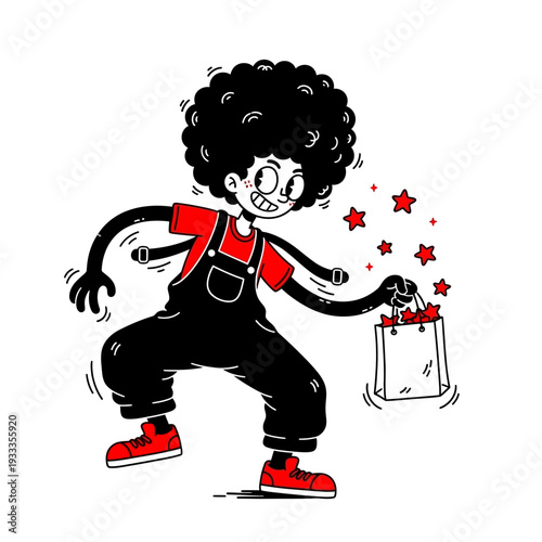 Cartoon Boy with Gift Bag and Stars.