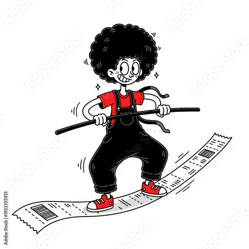 Cartoon Character Riding on Long Receipt.