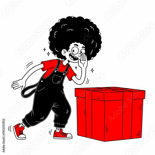 Cartoon Boy with Afro and Red Box.