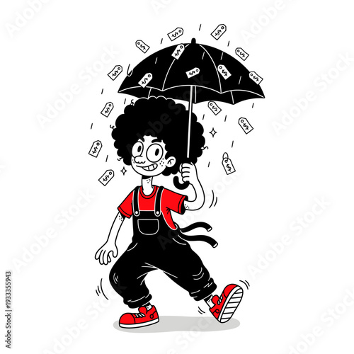 Cartoon Character Holding Umbrella with Money.