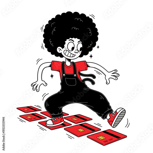 Cartoon Boy Jumping on Red Squares.