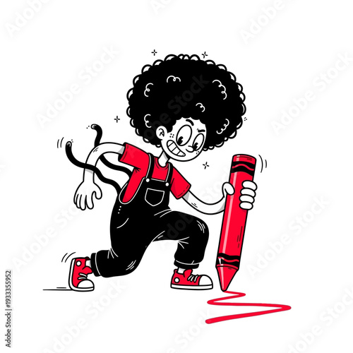 Cartoon Child Drawing with Large Red Crayon.