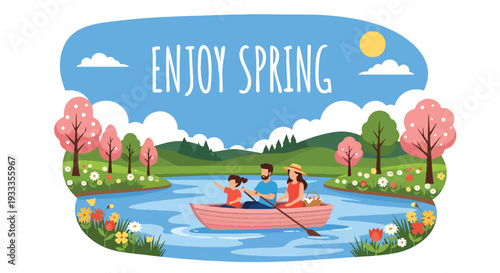 Modern vector illustration of family enjoying boat ride on calm lake during spring holiday. Peaceful outdoor travel and leisure lifestyle concept with parents and children exploring nature together