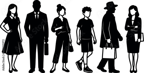 Silhouette vector lineup of diverse people standing walking business woman man student shopper professional carrying briefcase bag tablet looking forward