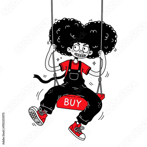 Cartoon Character on Swing with Shopping Sign.