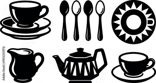 Flat design black tea and coffee set silhouettes with spoons teapot creamer cups saucers top view and side minimal icons