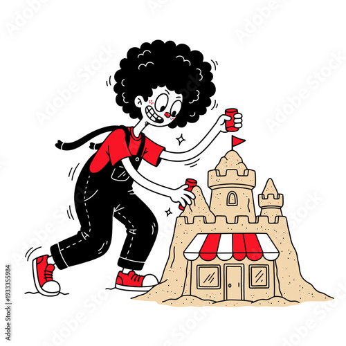 Child Building Sandcastle on Beach Summer.