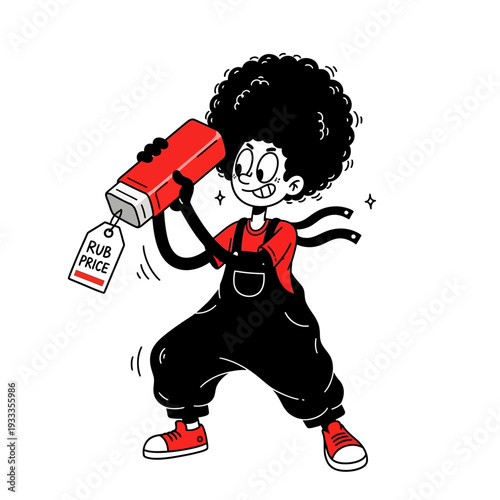 Cartoon Character Holding Red Price Tag.