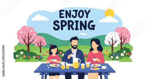 Modern vector illustration of family enjoying outdoor brunch in spring garden with flowers and sunlight. Seasonal holiday lifestyle concept of parents and children dining together in nature