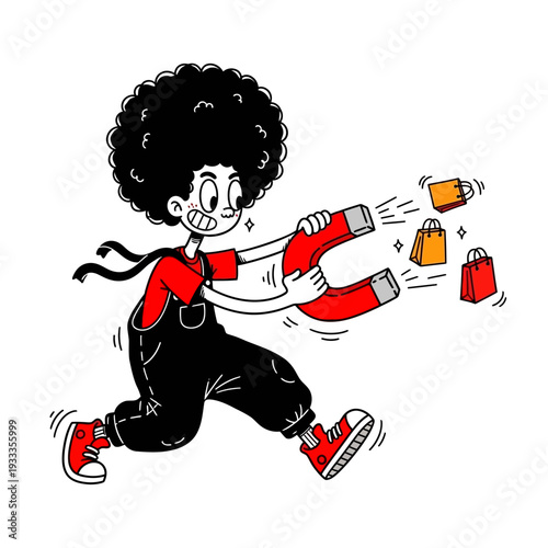 Cartoon Girl Running with Shopping Bags.