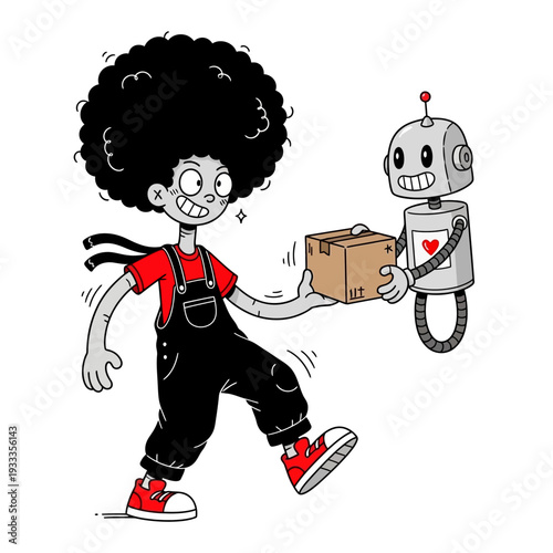 Cartoon Child Receiving Package from Robot.