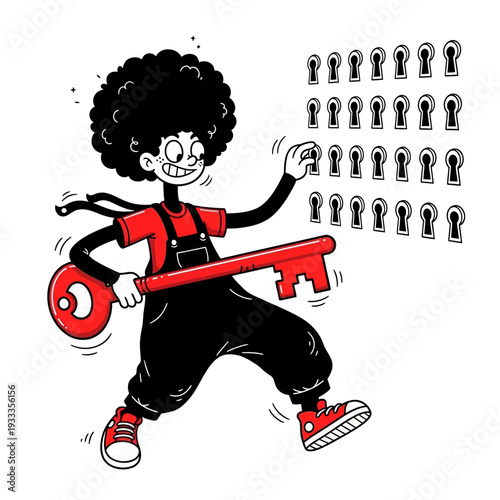 Cartoon Character Holding Large Red Key.