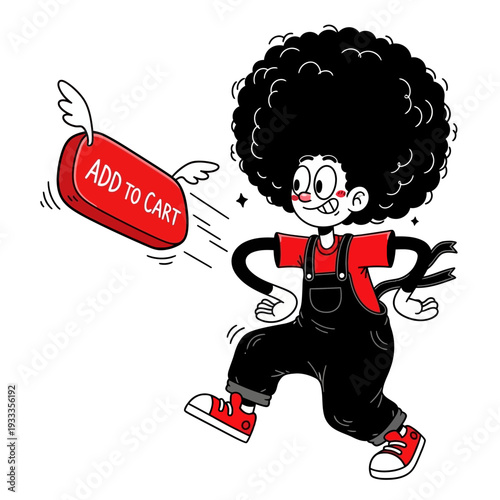 Cartoon Character with Afro and Shopping Tag.