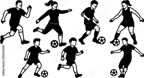 Flat design soccer player silhouettes in action set showing male and female kicks dribbles passes overhead view dynamic motion energy