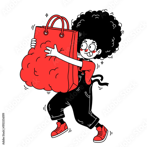 Cartoon Girl Running with Shopping Bag.