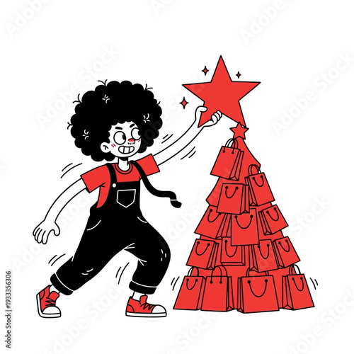 Child decorating Christmas tree with star.