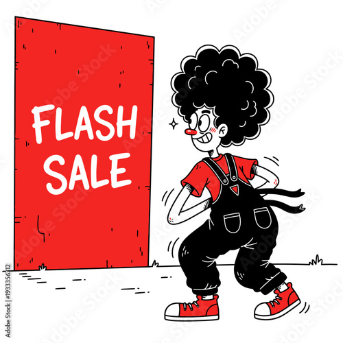 Cartoon Character Running Past Flash Sale Sign.