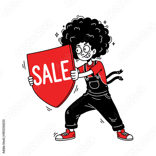 Cartoon Character Holding Red Sale Shield.