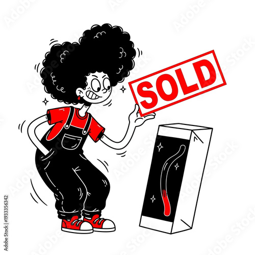 Cartoon Character Holding Sold Sign.