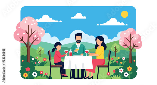 Modern vector illustration of family enjoying outdoor brunch in spring garden with flowers and sunlight. Seasonal holiday lifestyle concept of parents and children dining together in nature