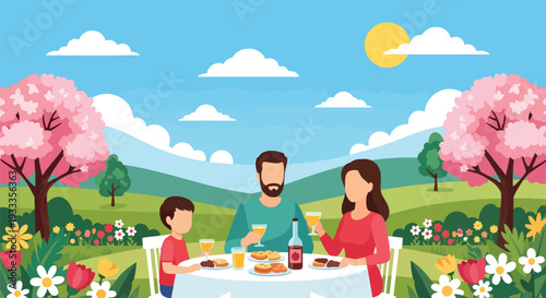 Modern vector illustration of family enjoying outdoor brunch in spring garden with flowers and sunlight. Seasonal holiday lifestyle concept of parents and children dining together in nature