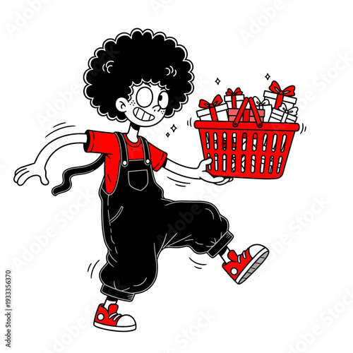 Cartoon Child Holding Shopping Basket with Gifts.