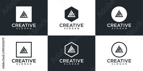 Set of modern minimalist logo designs with triangle symbol in various geometric shapes.