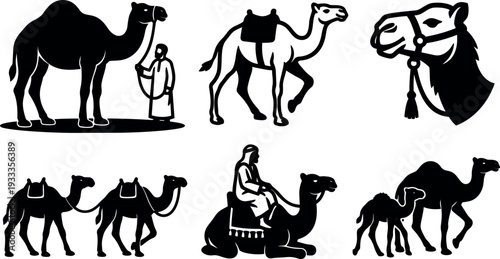 Flat design silhouette showing arab man leading camel caravan side view with seated rider and camel head close up detail