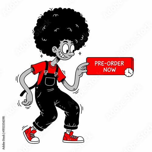 Cartoon Character Holding Pre Order Sign.