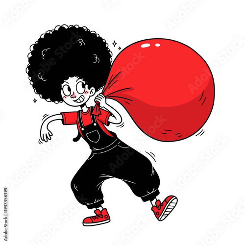 Cartoon Girl Running with Red Balloon.