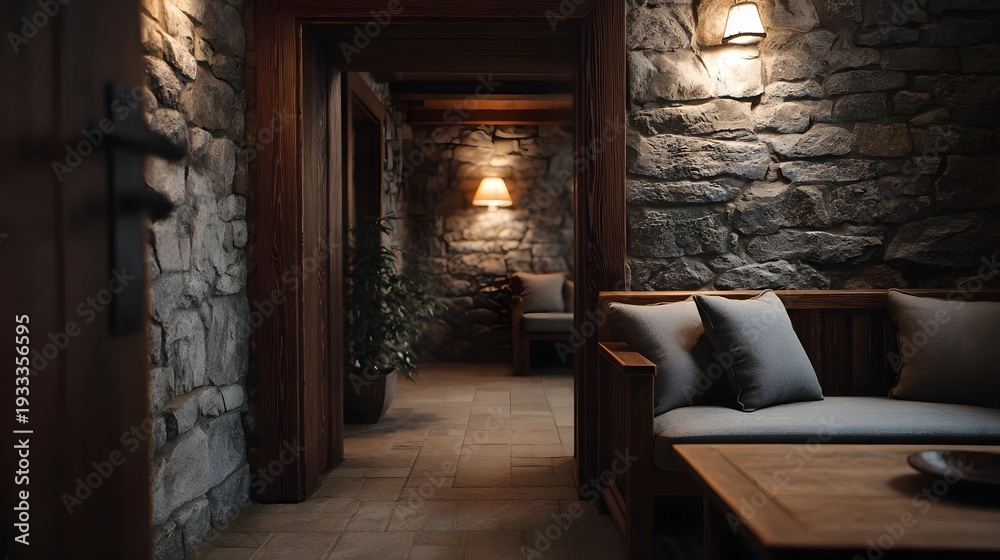Naklejka premium Cozy rustic stone interior featuring comfortable wooden furniture and warm ambient lamplight