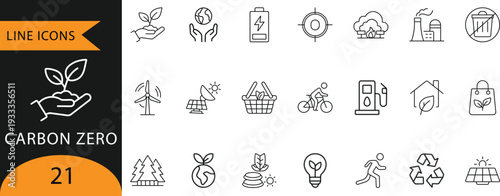 Carbon Zero and Sustainability Line Icons Set for Renewable Energy and Eco Friendly Concept
